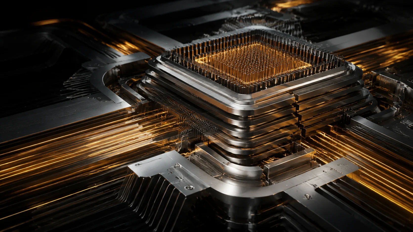 Conceptual precision metal core with amber signal paths connecting its layers.